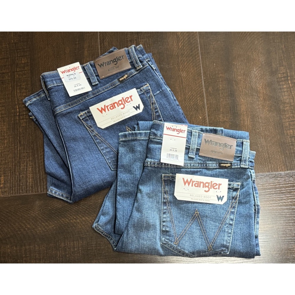 2 Pair Mens Wrangler Relaxed Boot Jeans 36x29 Blue Denim Bundle Light Dark Wash